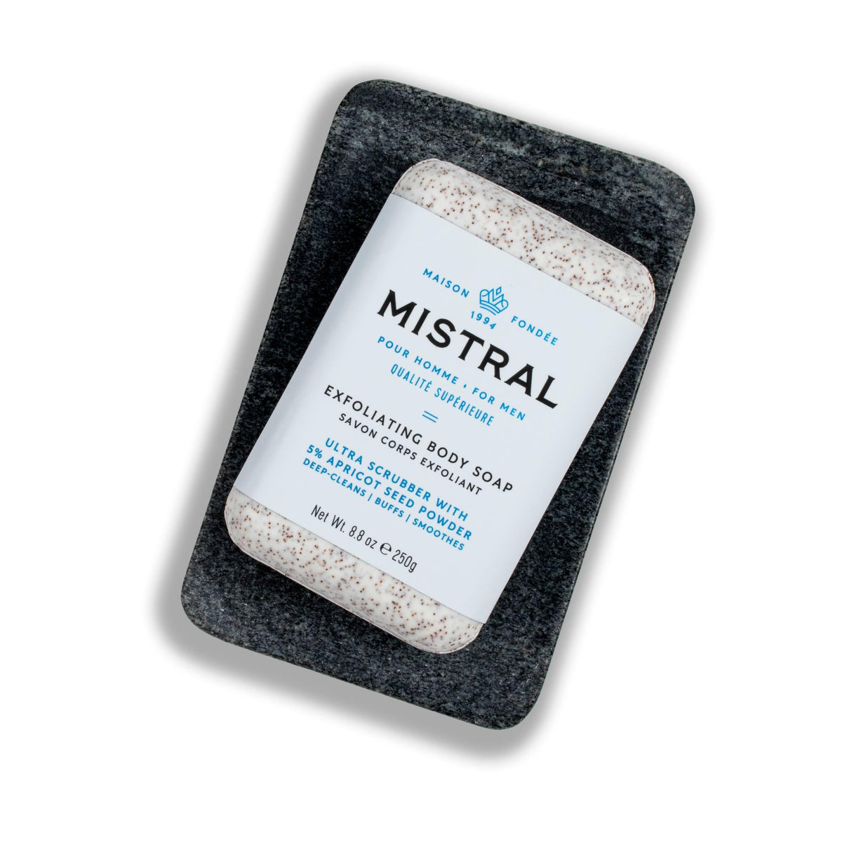 Mistral Exfoliating Bar Soap packaging clean and ethical formula on display.