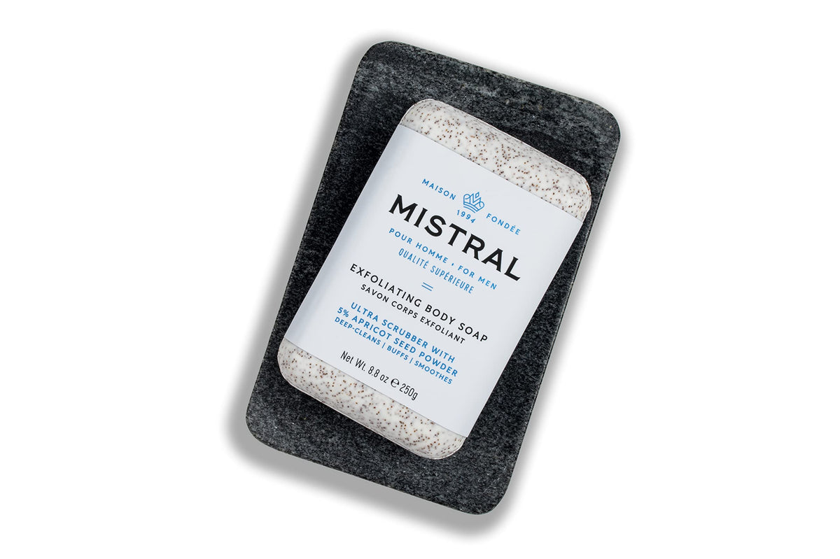 Mistral Exfoliating Bar Soap product shot showing long-lasting, premium scrub.