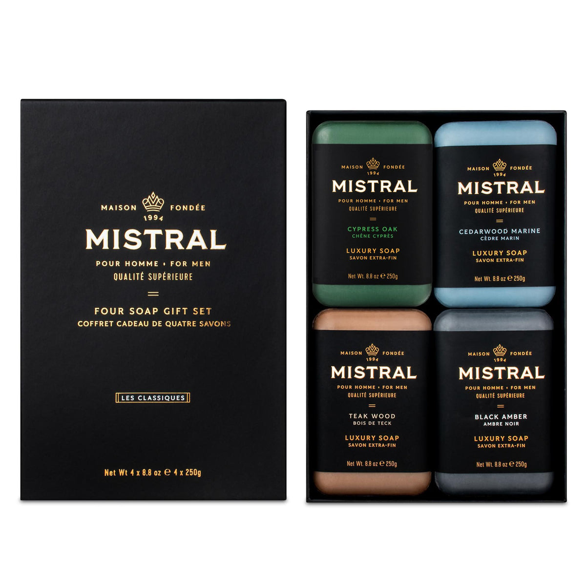 Mistral four-bar gift set with Grey Lavande and companions for a premium daily ritual.