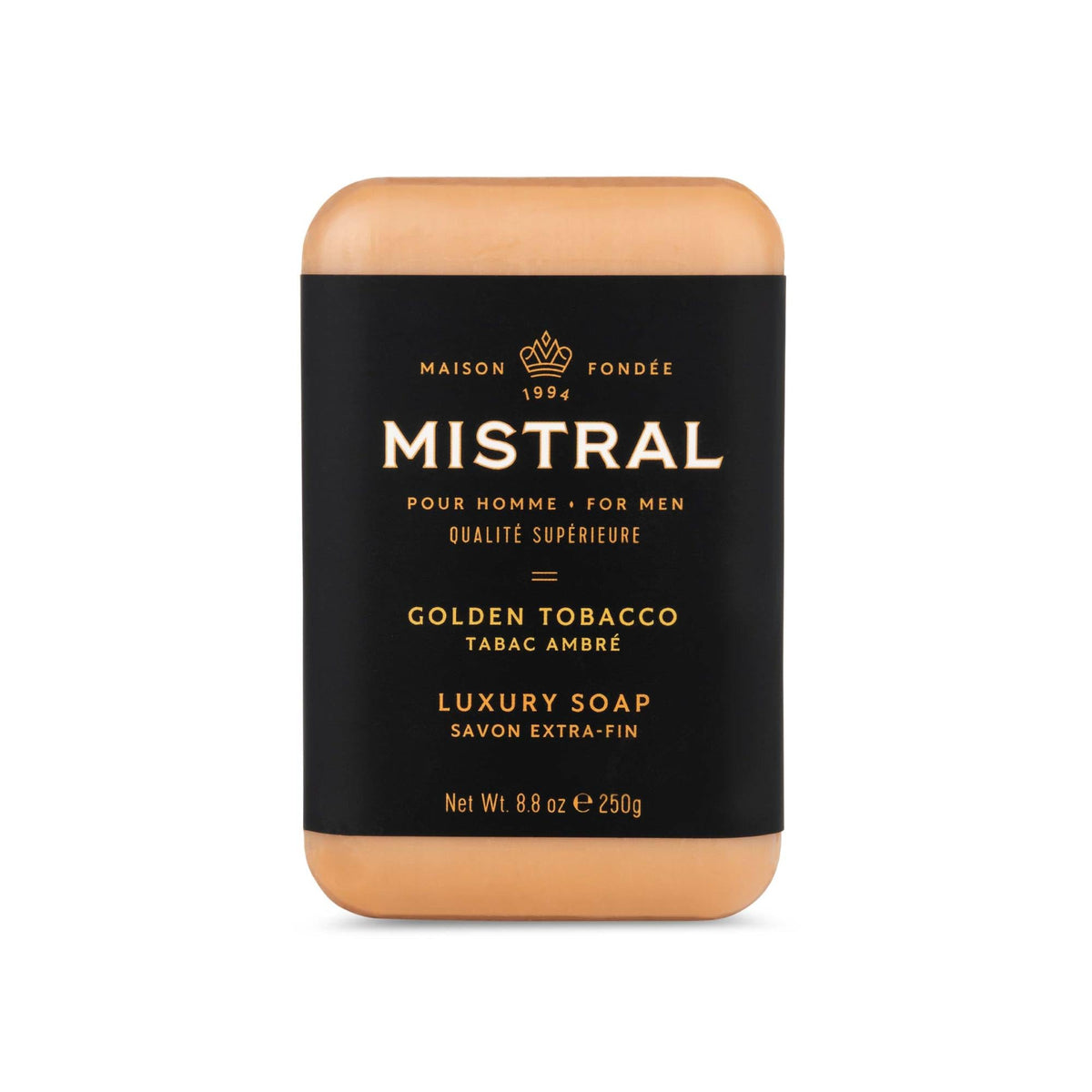 Mistral Golden Tobacco bar soap close-up fragrance enhances daily grooming.