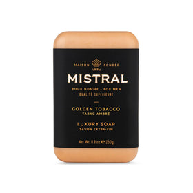 Mistral Golden Tobacco bar soap close-up fragrance enhances daily grooming.