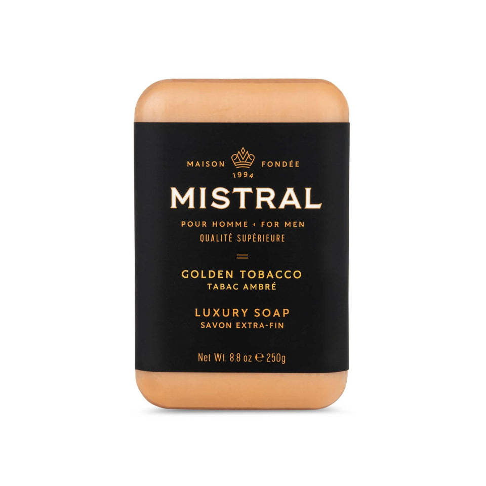 Mistral Golden Tobacco bar soap close-up fragrance enhances daily grooming.