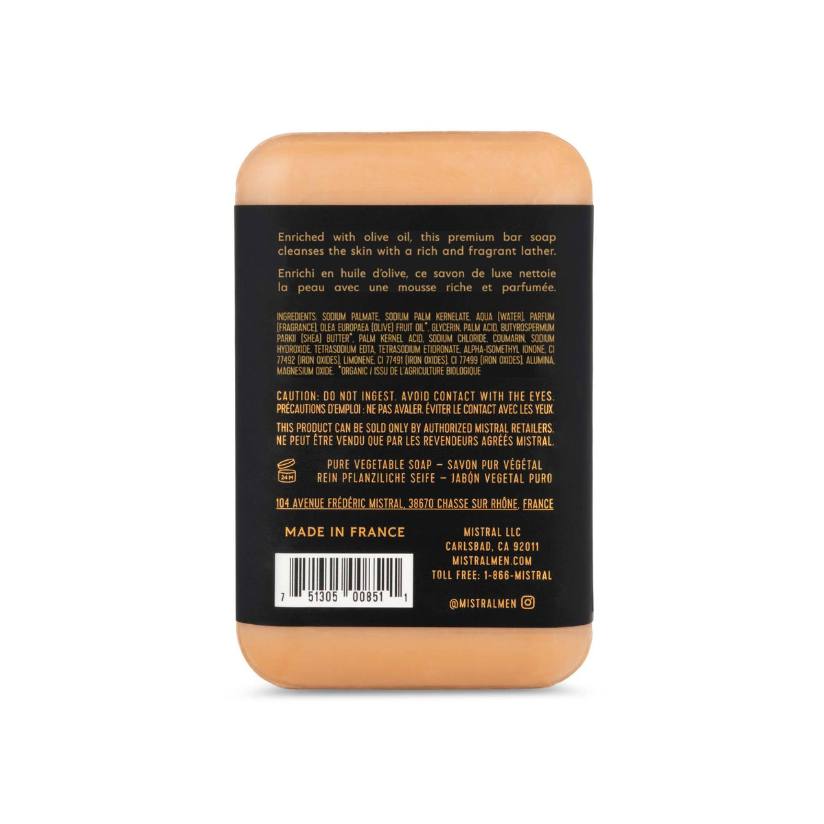 Mistral Golden Tobacco bar soap triple-milled texture for lasting use.