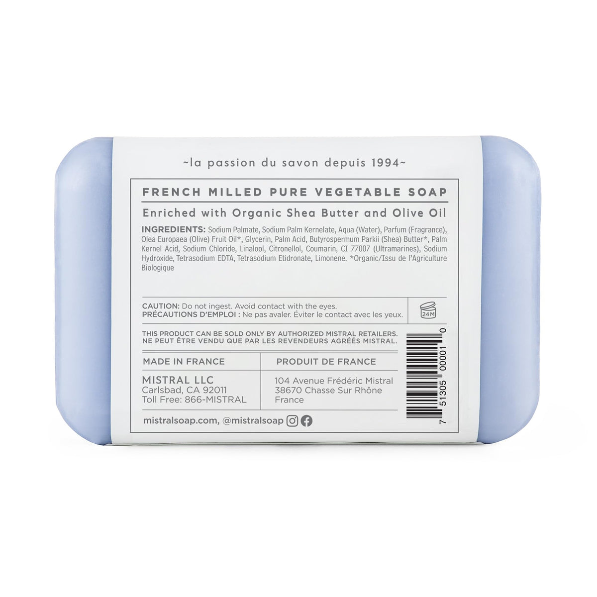 Mistral Lavender bar soap close-up highlights organic shea butter and olive oil.