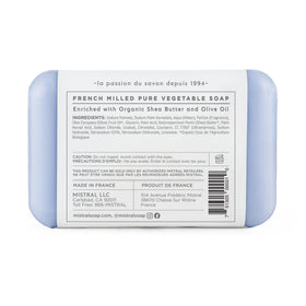 Mistral Lavender bar soap close-up highlights organic shea butter and olive oil.