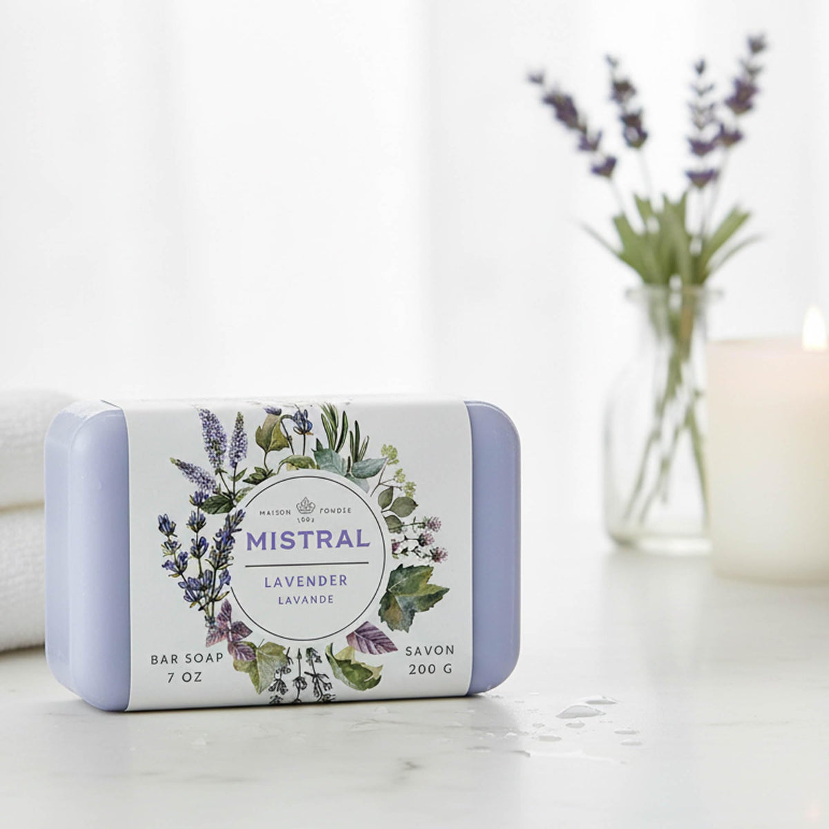 Mistral Lavender bar soap in a serene bathroom scene.