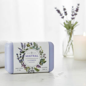 Mistral Lavender bar soap in a serene bathroom scene.