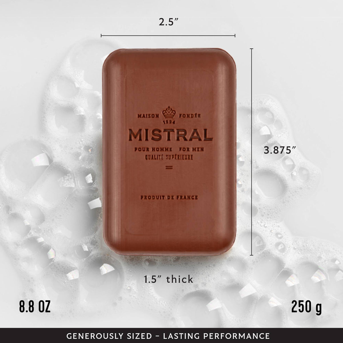 Mistral Mahogany Rum bar soap lather demonstrates creamy, moisturising foam.