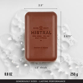 Mistral Mahogany Rum bar soap lather demonstrates creamy, moisturising foam.