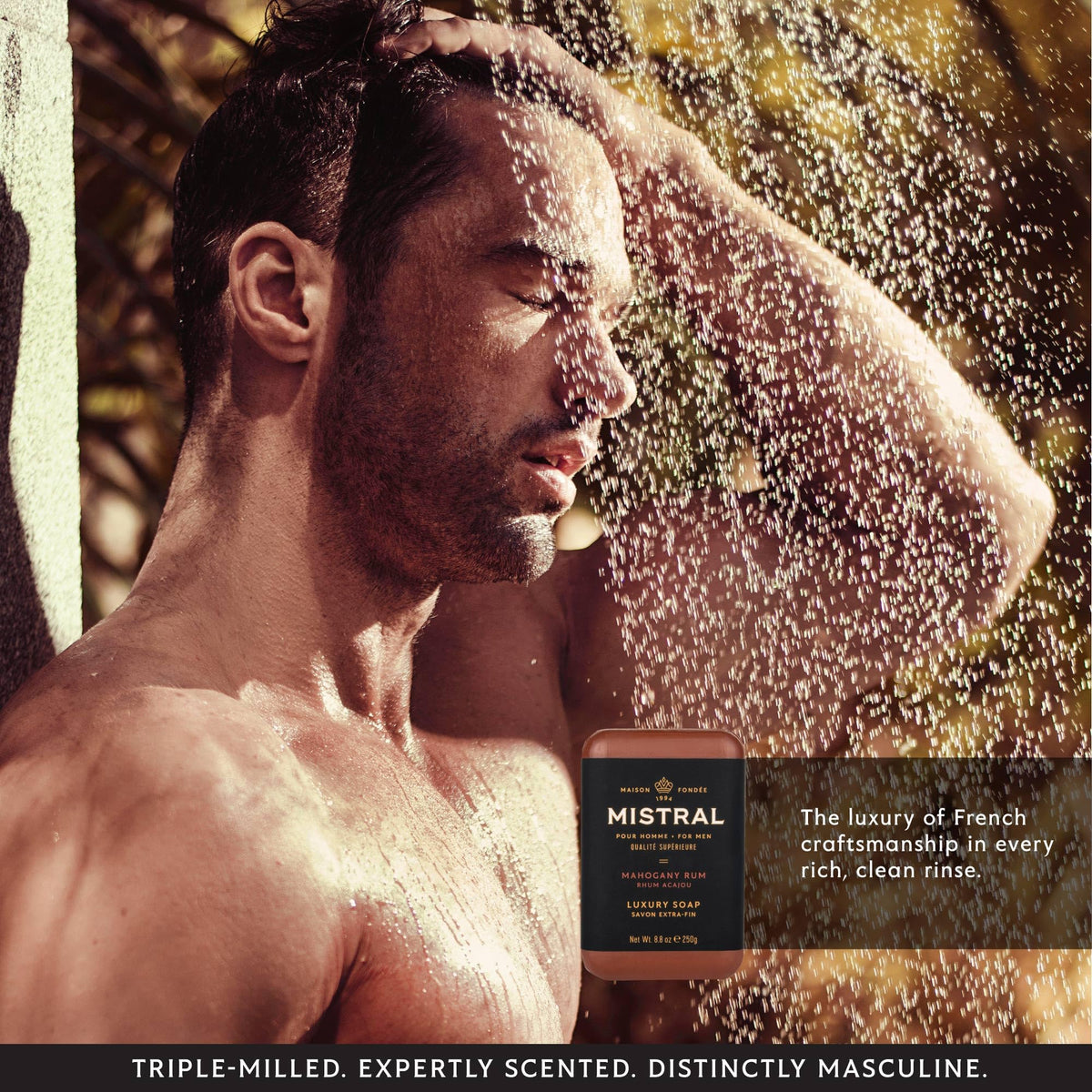Mistral Mahogany Rum bar soap made in France badge showcases origin.
