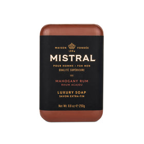 Mistral Mahogany Rum bar soap packaging highlights premium, gift-worthy design.