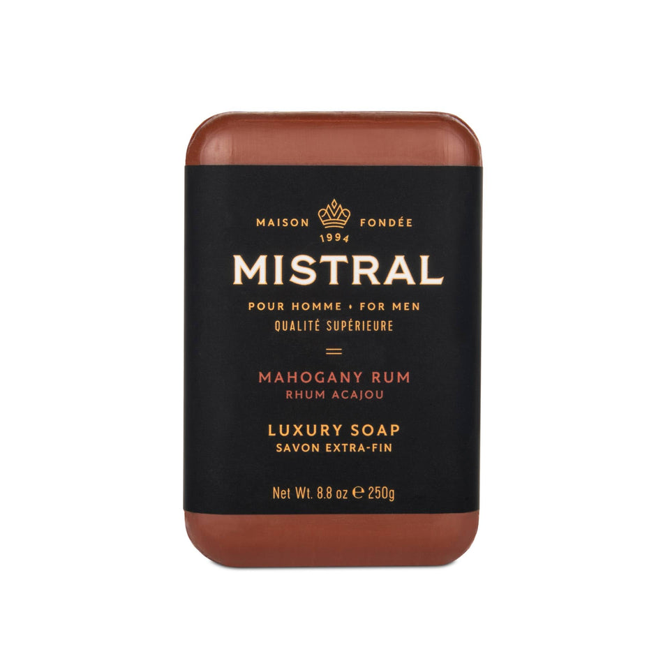 Mistral Mahogany Rum bar soap packaging highlights premium, gift-worthy design.