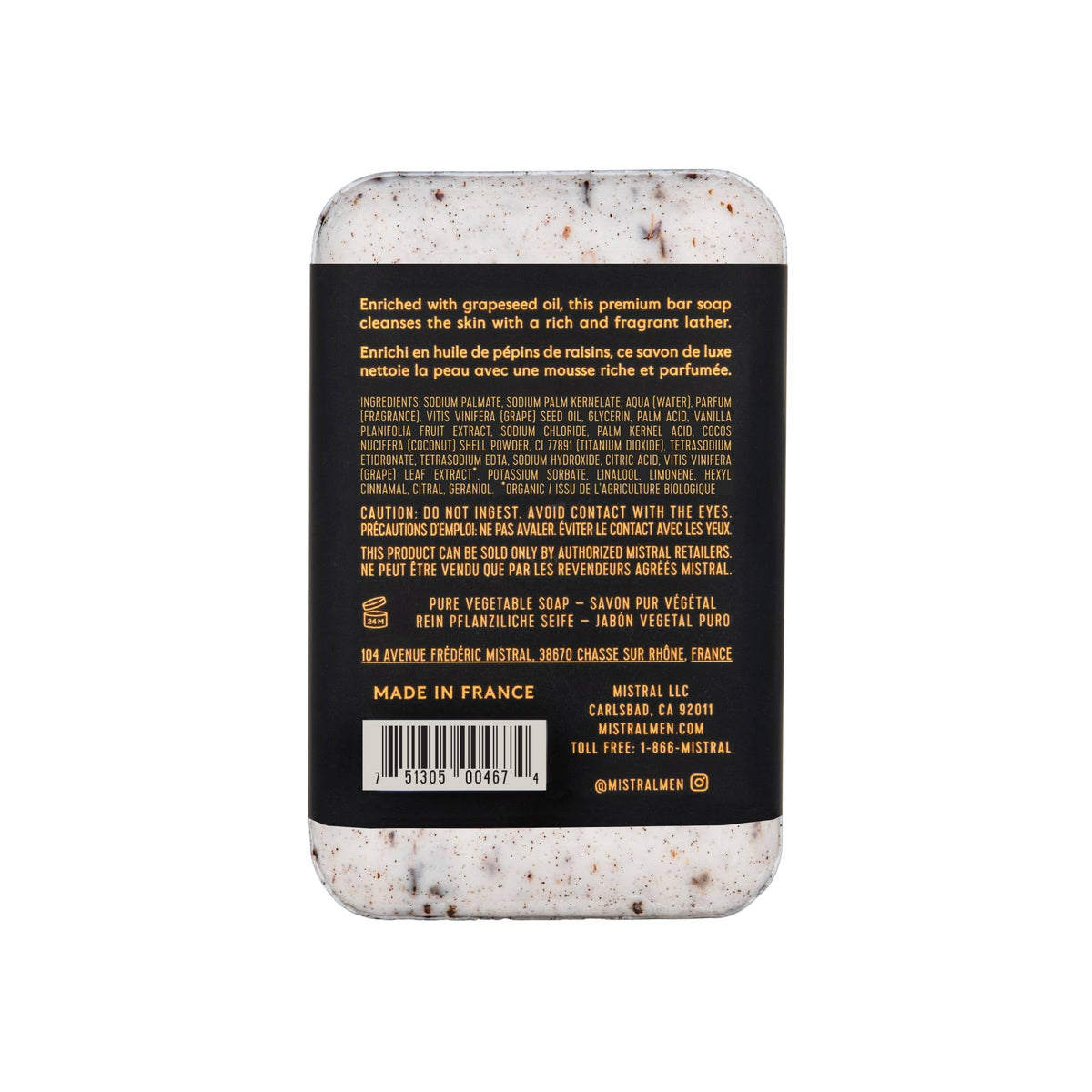 Close-up of Mistral Mezcal Lime bar shows triple-milled texture for lasting use.