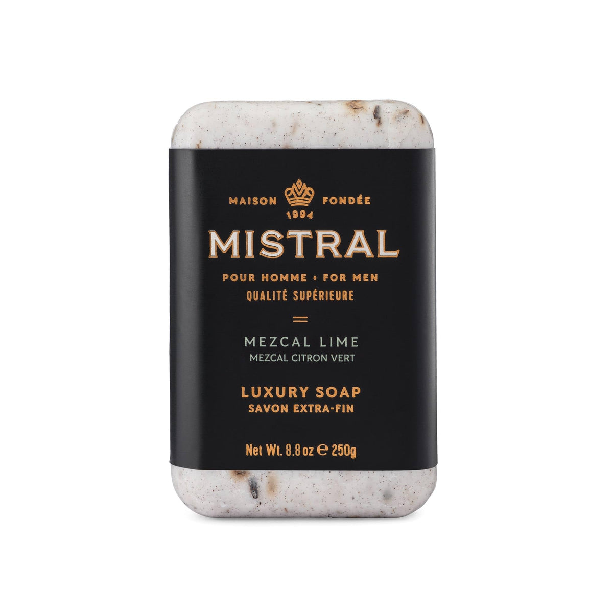 Mistral Mezcal Lime bar soap packaging highlights premium branding for daily grooming.