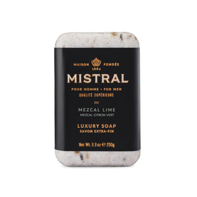 Mistral Mezcal Lime bar soap packaging highlights premium branding for daily grooming.