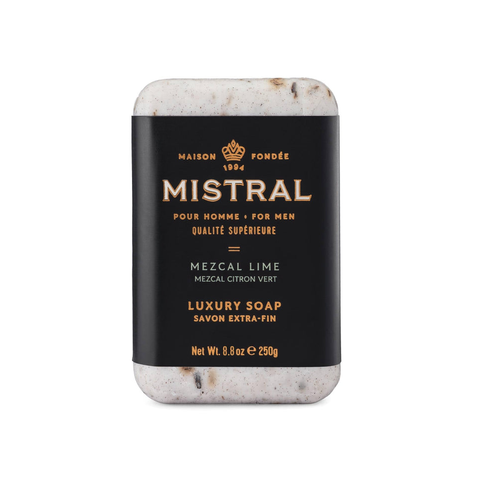Mistral Mezcal Lime bar soap packaging highlights premium branding for daily grooming.