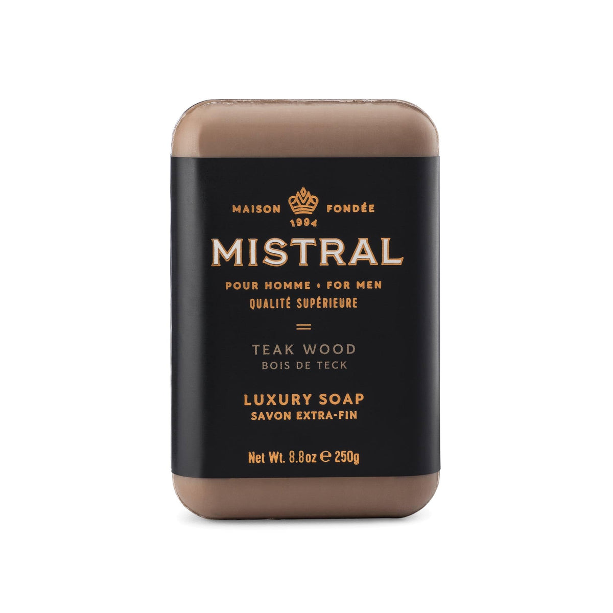 Mistral Teak Wood soap packaging shows premium presentation for daily grooming