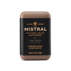 Mistral Teak Wood soap packaging shows premium presentation for daily grooming