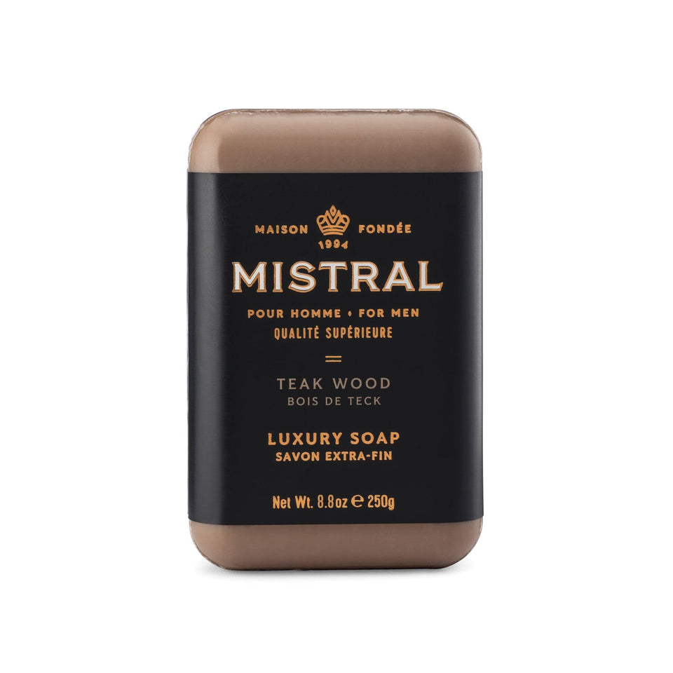 Mistral Teak Wood soap packaging shows premium presentation for daily grooming