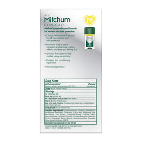 Mitchum Clinical Soft Solid unscented deodorant on bathroom shelf.