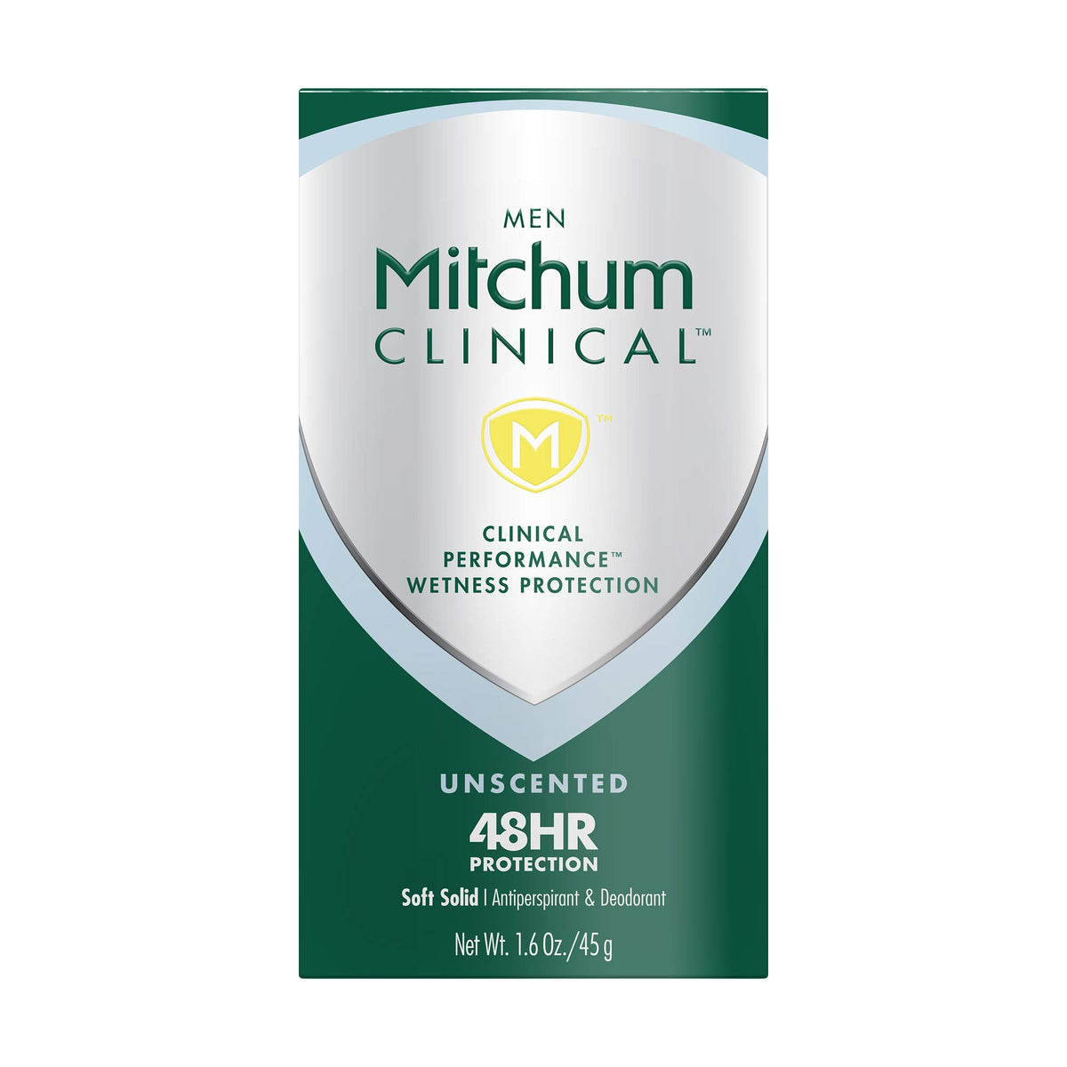 Mitchum Clinical Soft Solid unscented deodorant stick ready for long-lasting protection.