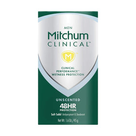 Mitchum Clinical Soft Solid unscented deodorant stick ready for long-lasting protection.