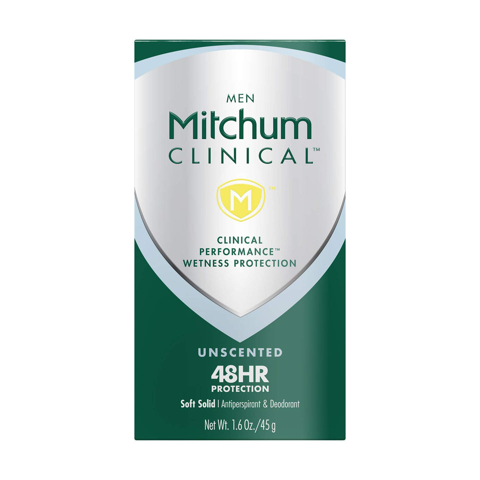 Mitchum Clinical Soft Solid unscented deodorant stick ready for long-lasting protection.