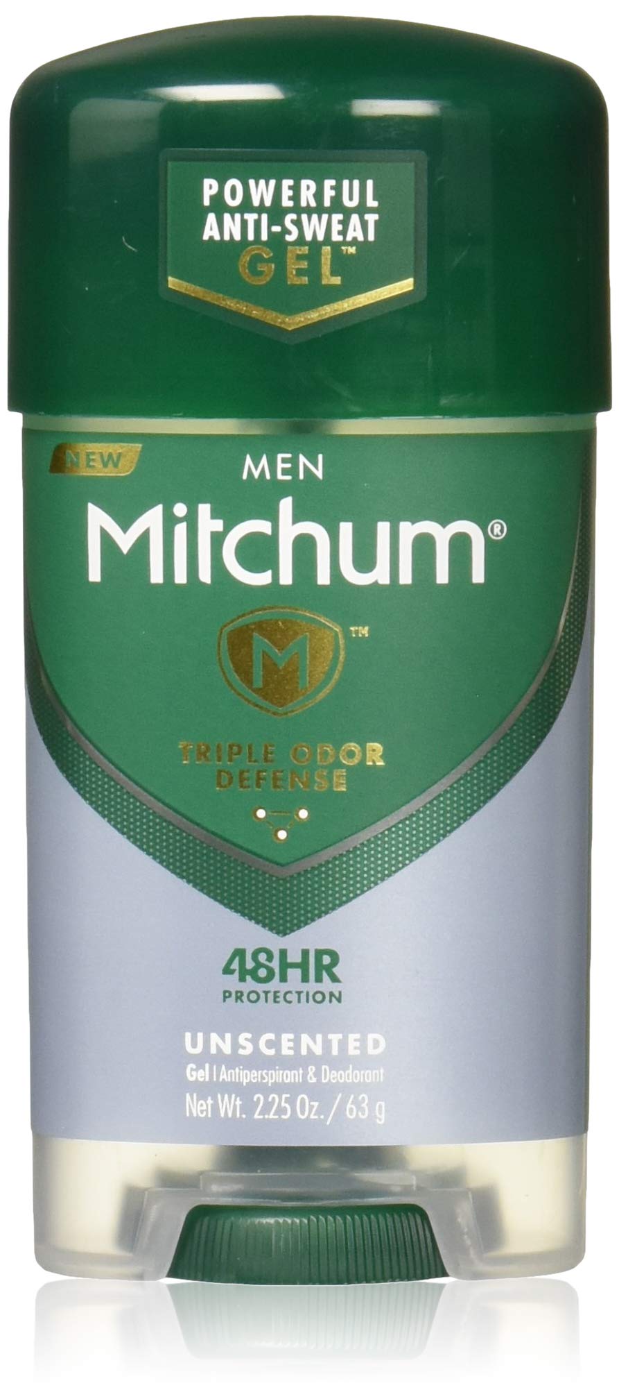 Mitchum Power Gel Unscented packaging with four 2.25 oz bottles provides reliable all-day protection.