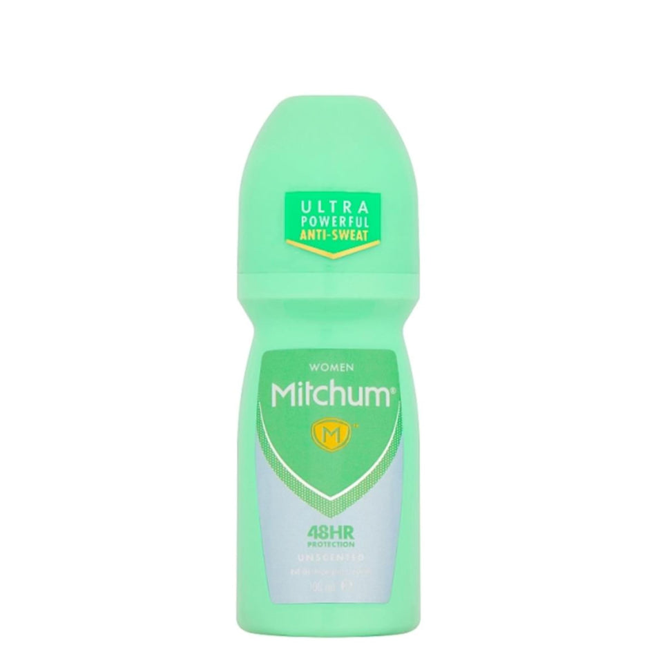 Mitchum Women Advanced Unscented roll-on packaging highlights 100ml bottle for all-day freshness.