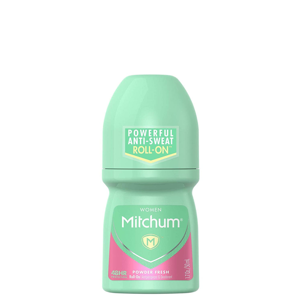 Mitchum Women Invisible Roll-On Powder Fresh bottle shown for all-day odor protection.
