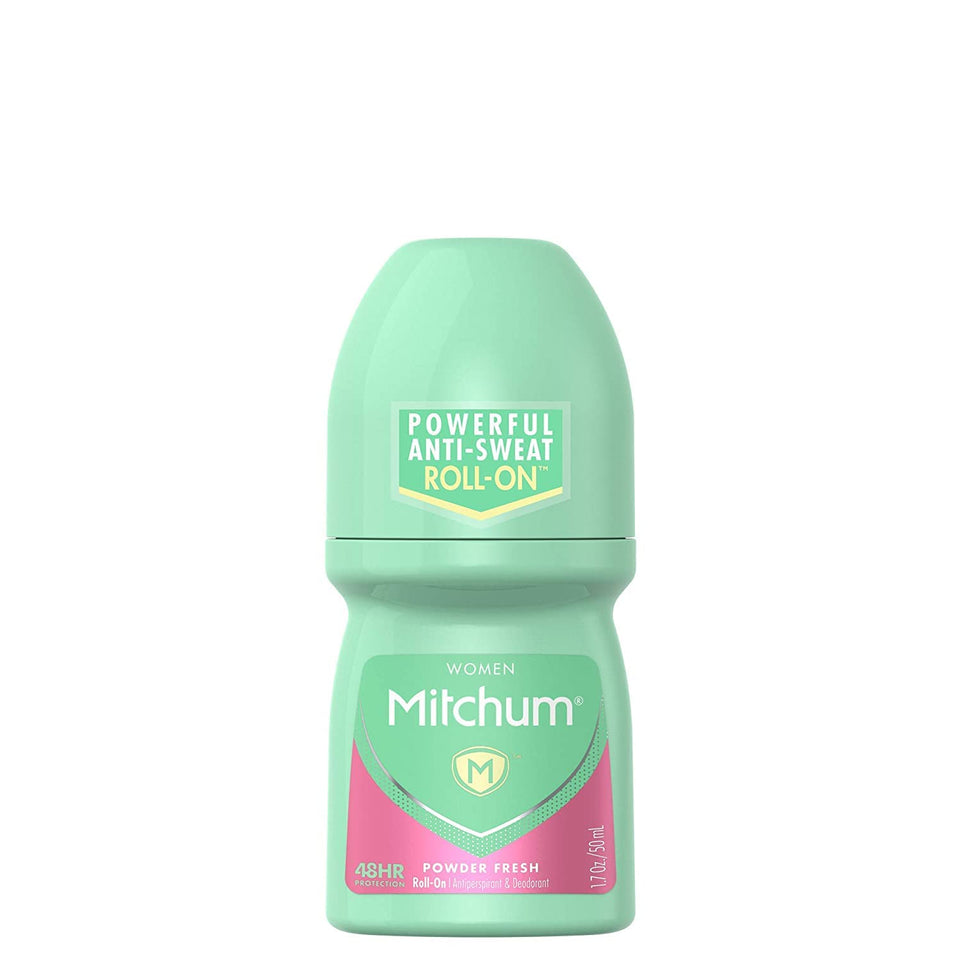 Mitchum Women Invisible Roll-On Powder Fresh bottle shown for all-day odor protection.