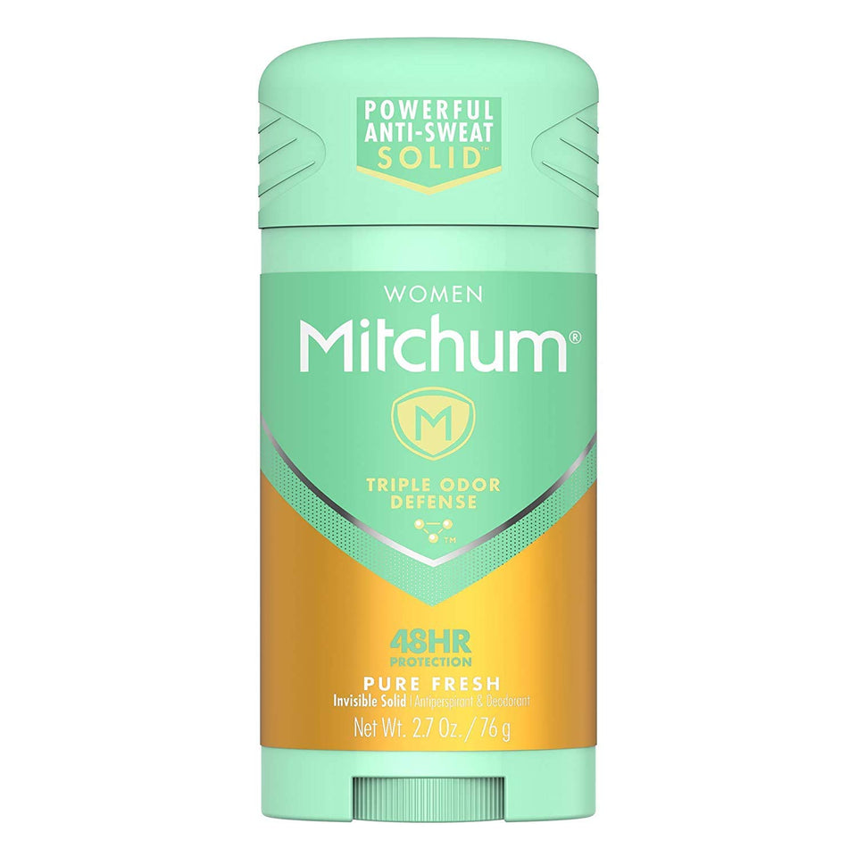 Mitchum Pure Fresh 4-pack invisible solid with 24-hour protection and no residue.