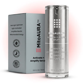 MitoAURA Activate Amplify serum bottle compatible with red light therapy