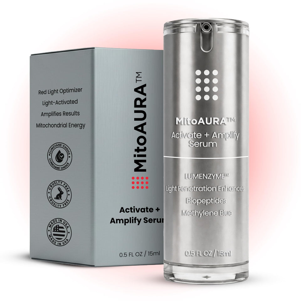 MitoAURA Activate Amplify serum bottle compatible with red light therapy