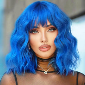 Miuric blue wig: short, wavy bangs bob for everyday wear and cosplay