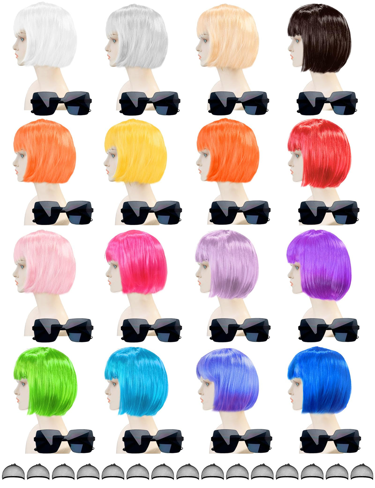 MIUSKATL neon bob wigs with bangs 16-pack for bold party looks and quick styling.