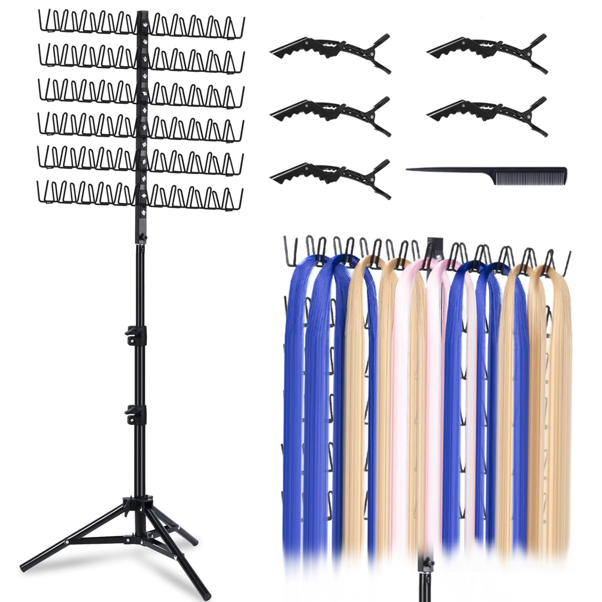 MIVERYEA braiding hair rack standing with 120 pegs, front view keeps extensions organized for quick access.