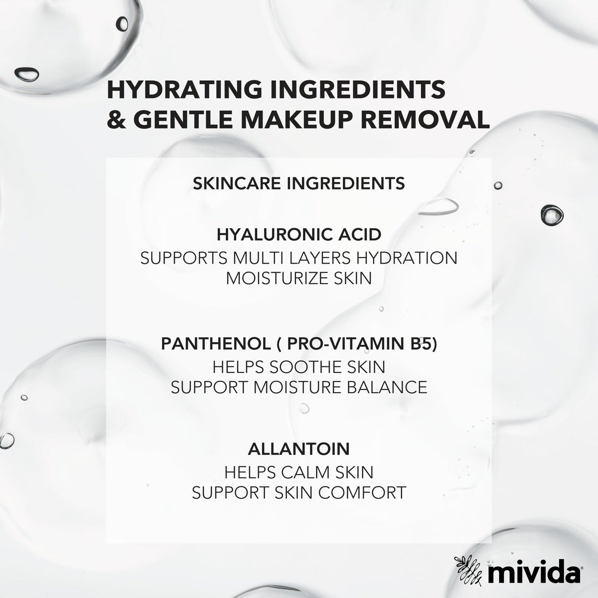 mivida hyaluronic-acid wipe close-up suggests hydration during cleansing