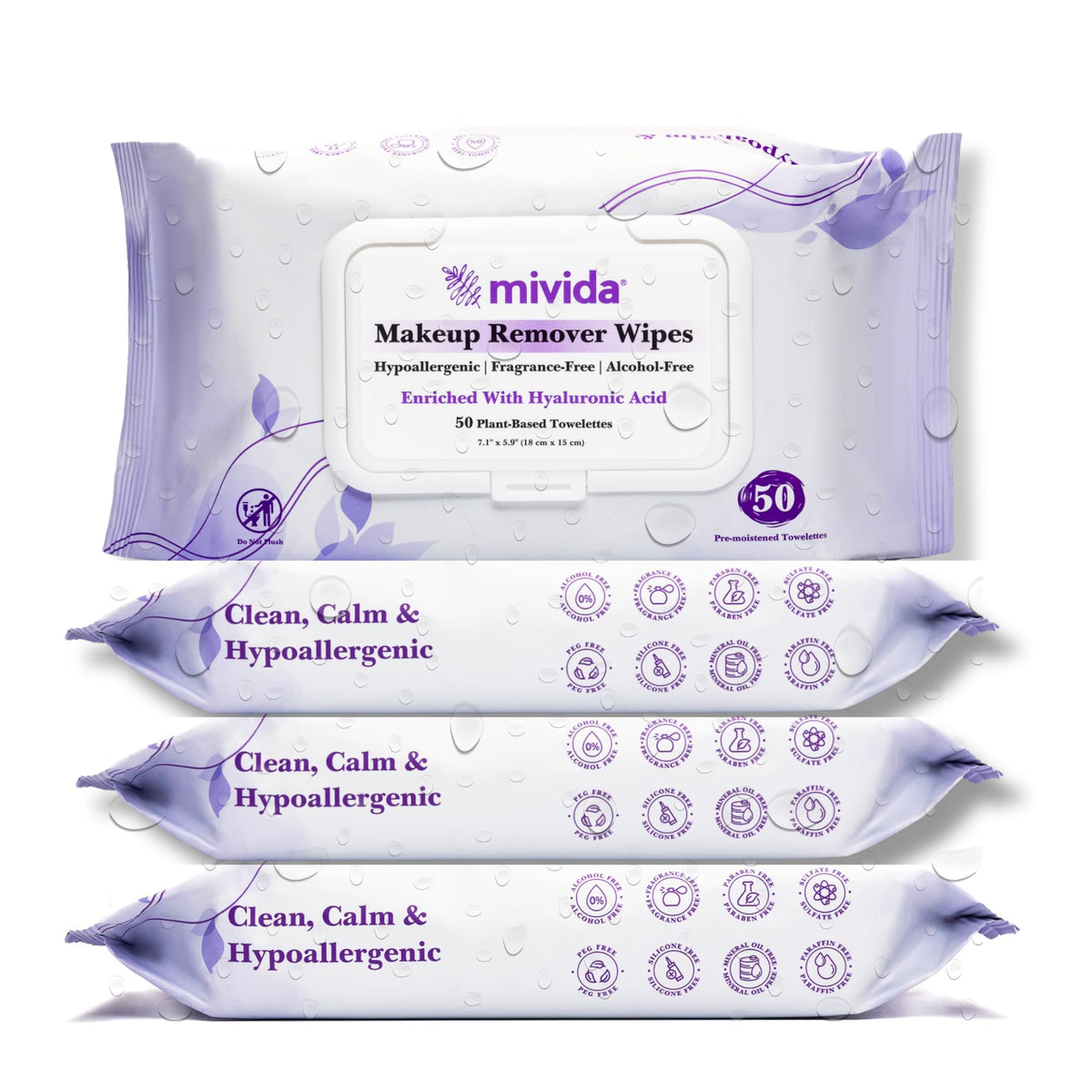 mivida hypoallergenic makeup remover wipes front packaging highlights fragrance-free formula for sensitive skin
