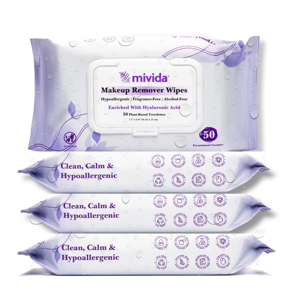 mivida hypoallergenic makeup remover wipes front packaging highlights fragrance-free formula for sensitive skin