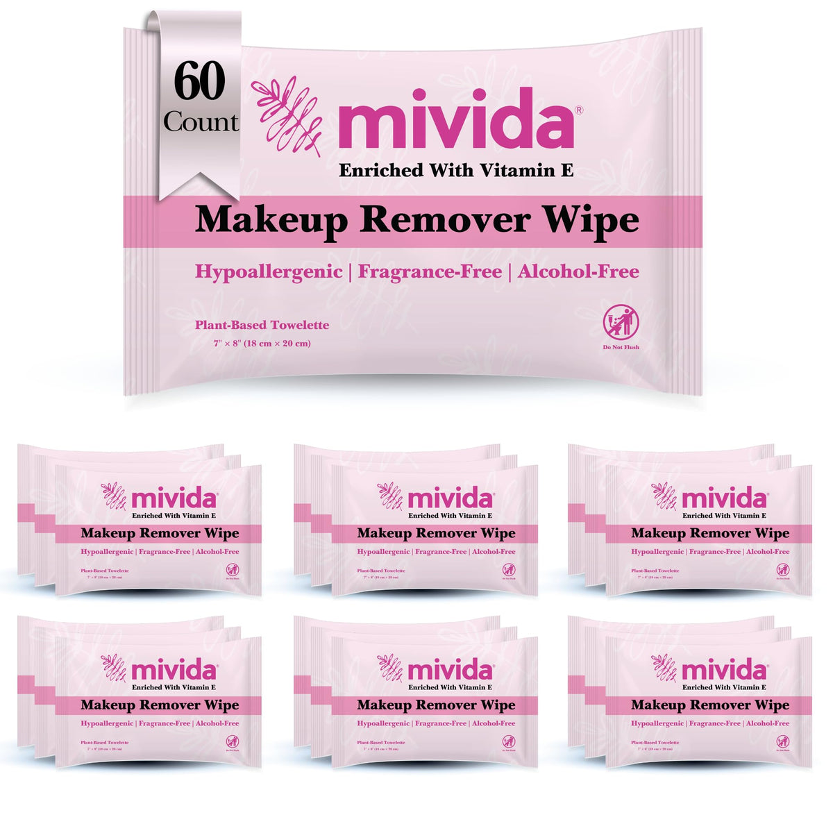 Mivida makeup wipes in an individually wrapped 60-count carton for hygiene and on-the-go use.
