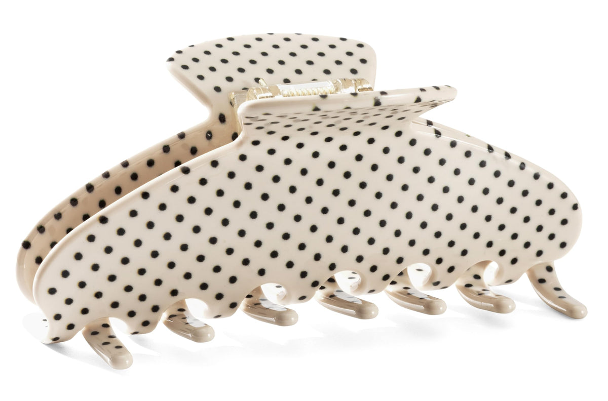 Mixcbe large acetate hair clip with white polka dots secures updos with stylish grip.