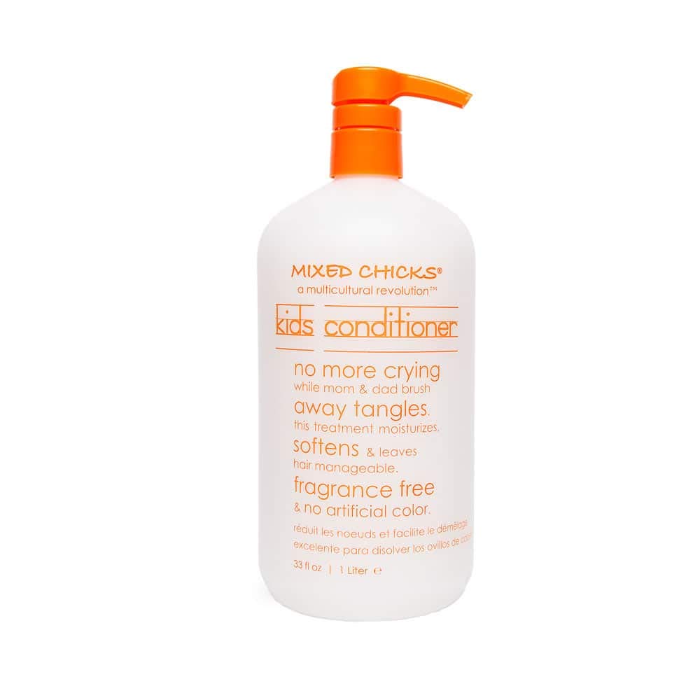 Mixed Chicks Gentle Kids Conditioner bottle promotes smooth, manageable hair for busy mornings.