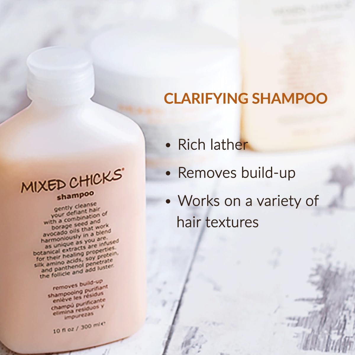 Mixed Chicks Quad Pack Hair Silk bottle, adds shine and tames flyaways for a polished finish.