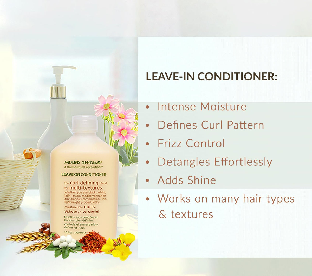 Mixed Chicks Quad Pack ingredients close-up, featuring borage and avocado oils for nourished scalp care.
