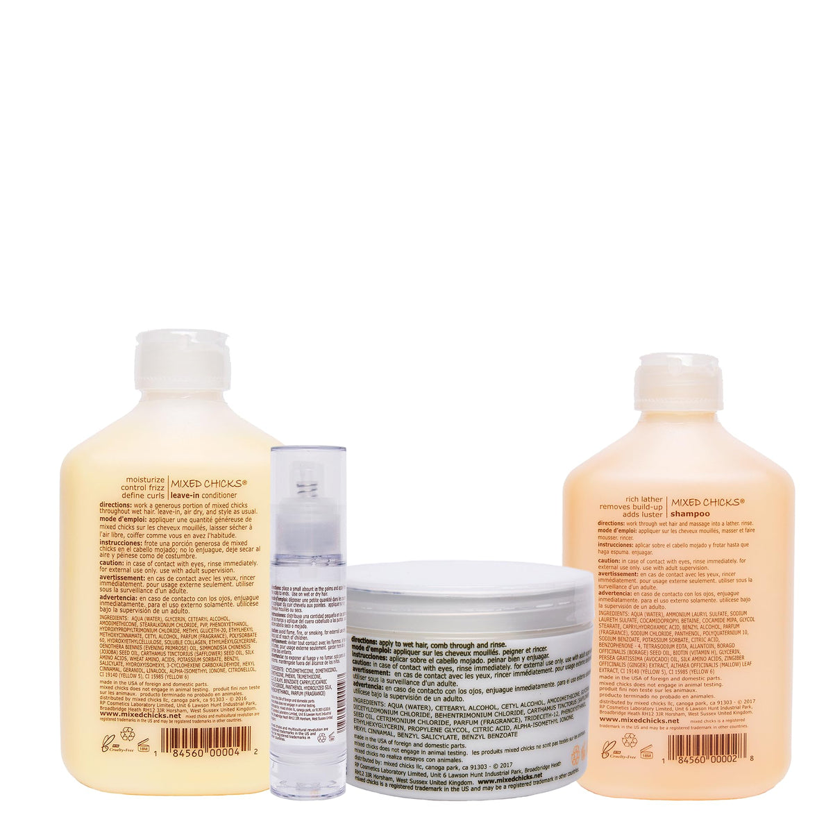 Mixed Chicks Quad Pack Leave-In Conditioner bottle, hydrates and smooths for easier daily styling.