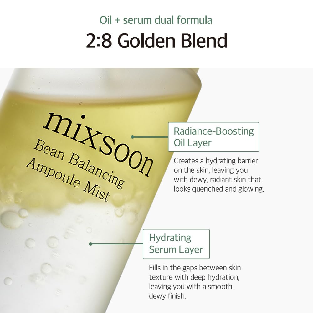 Closeup of Mixsoon Bean Balancing Ampoule Mist on skin for dewy glow