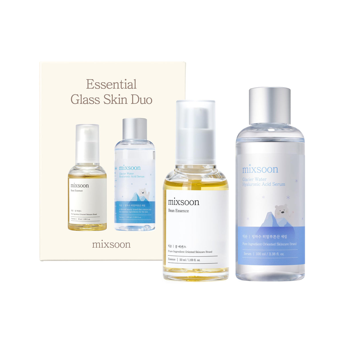 Mixsoon Bean Essence bottle close-up highlighting hydrating dewy skin