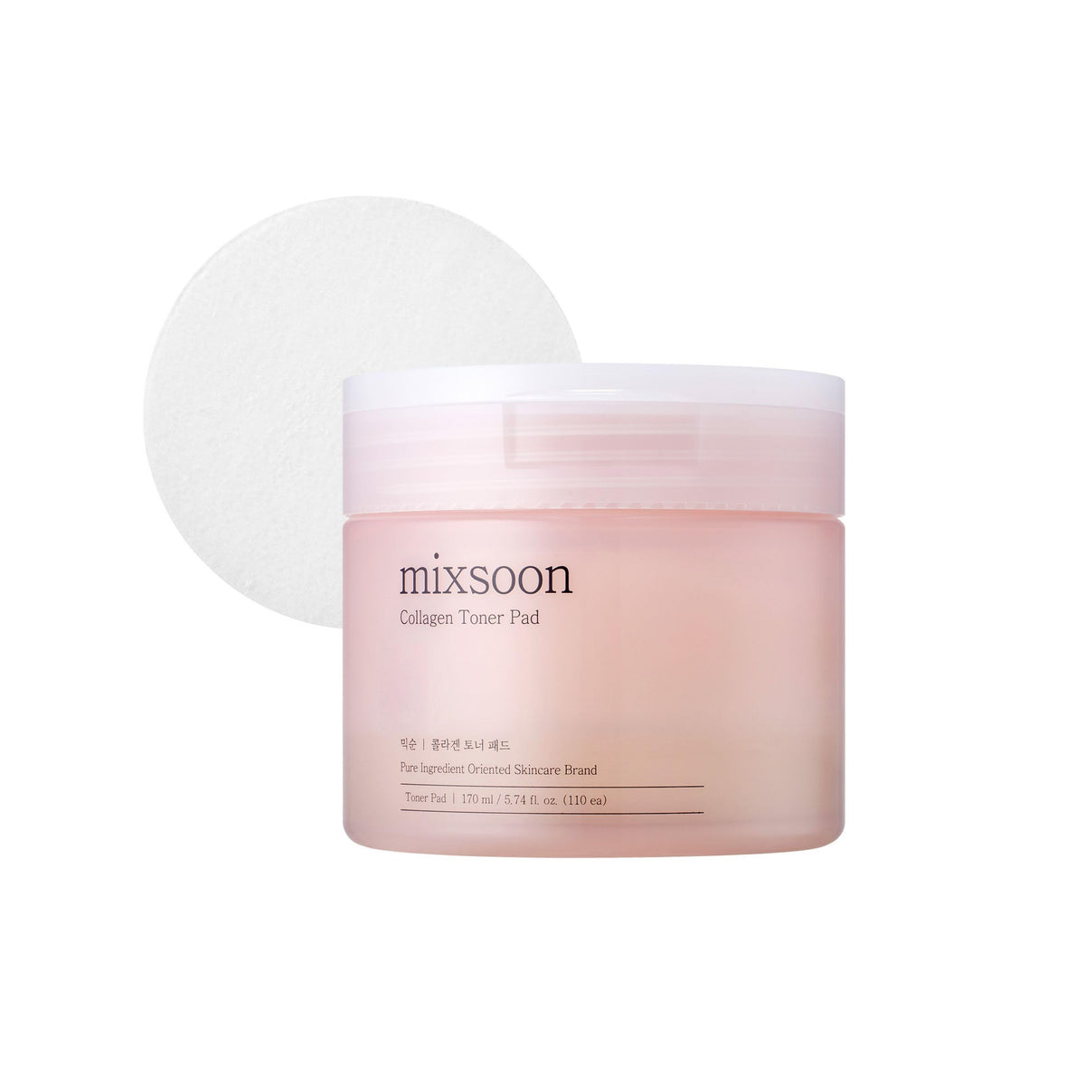 Mixsoon Collagen Toner Pad bottle close-up highlighting hydrating and brightening skin.