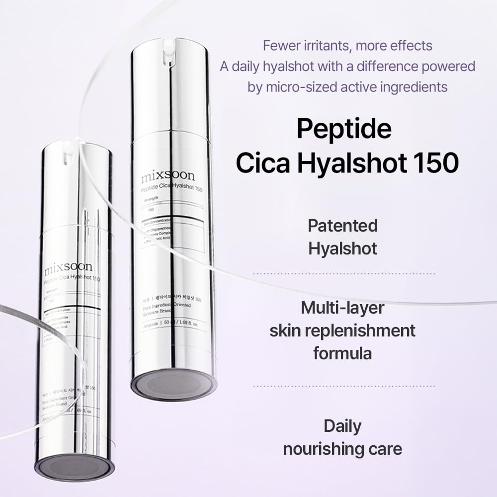 mixsoon Peptide Cica Hyalshot 150 bottle side highlights compact, lightweight serum for daily use.